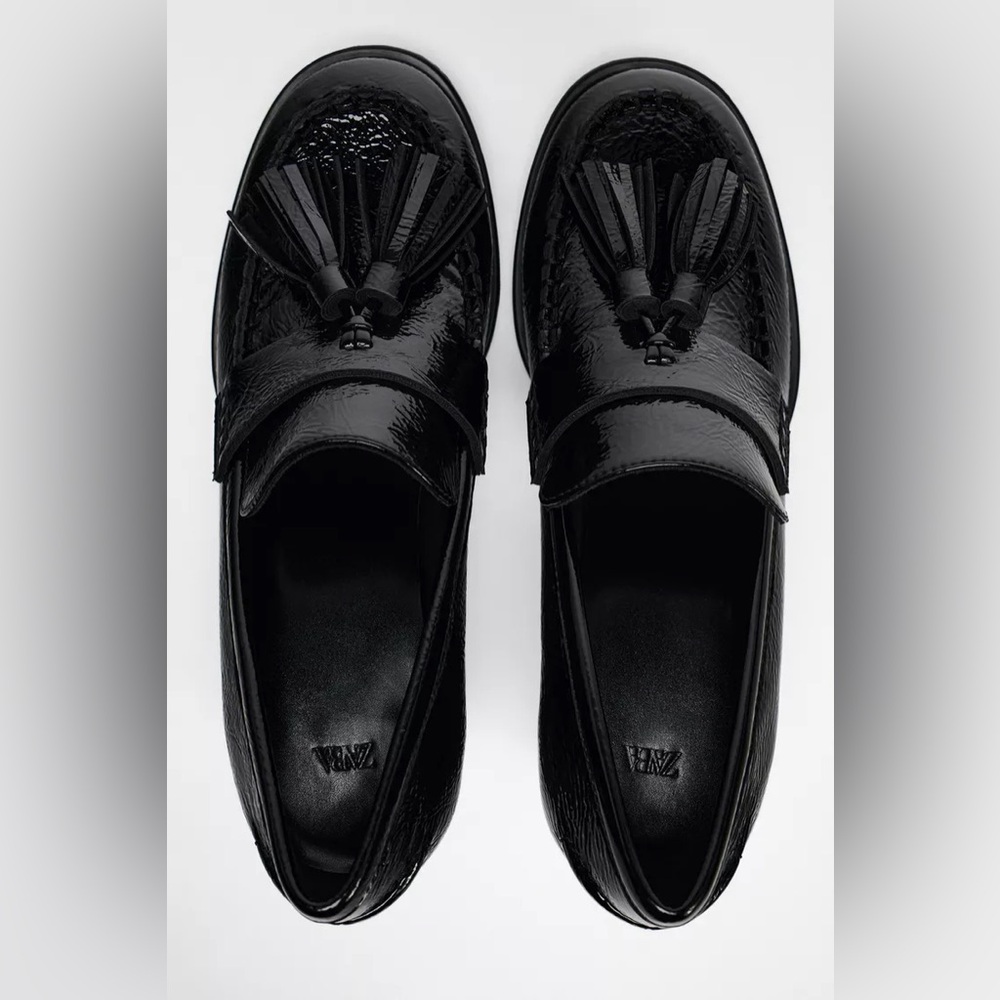 Zara | FAUX PATENT TASSELED LOAFERS | Black | Women’s Size 9, 40 - Picture 4 of 7